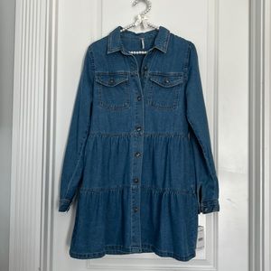 NEW Free People Denim Button Front Tired Collared Jean Dress S with Side Pockets